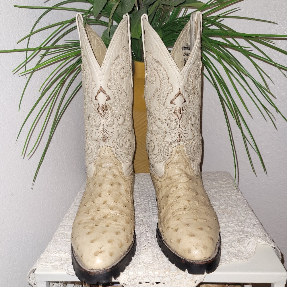 PISTOLERO Cream Ostrich Leather Cowboy/Cowgirl Boots Embroidery Size W9 Men 6 - Picture 5 of 13
